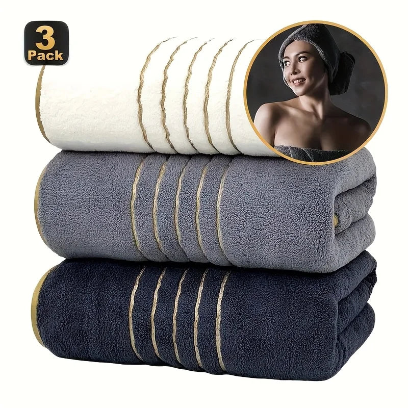 Gold-Stripe Bath Towel Set (3-Pack) – Ultra-Soft & Highly Absorbent