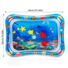 Blue inflatable water play mat for baby tummy time and sensory development featuring colorful sea creatures