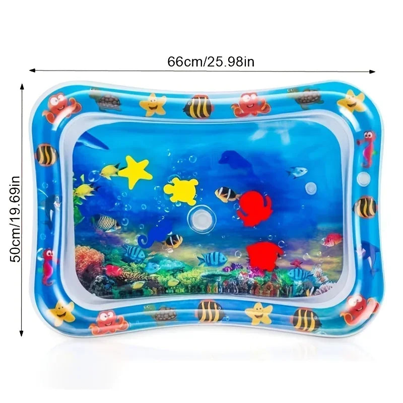 A blue inflatable water play mat featuring colorful sea creatures and stars for baby sensory development.