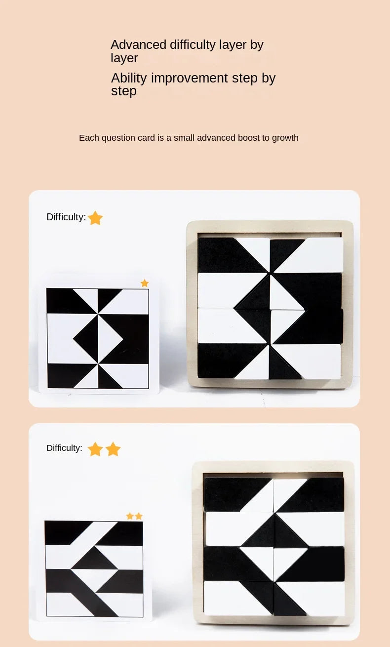 Wooden Geometric Shape Puzzle Blocks with Pattern Cards - Educational Logic Game for Kids