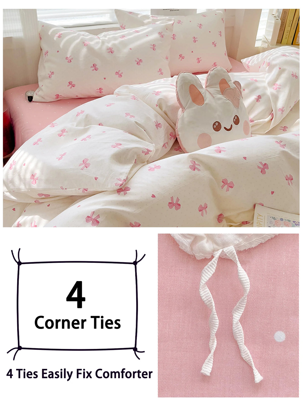 A pink and white comforter with bunny embroidery and four corner ties for easy fixing.