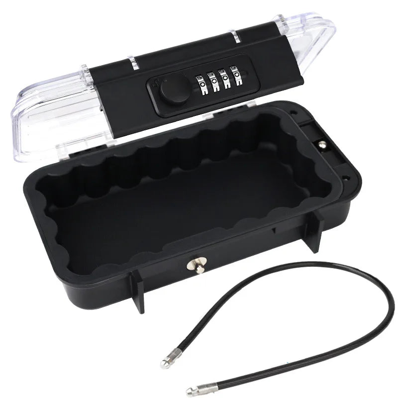 A black portable travel safe lock box with a combination lock and detachable cable.