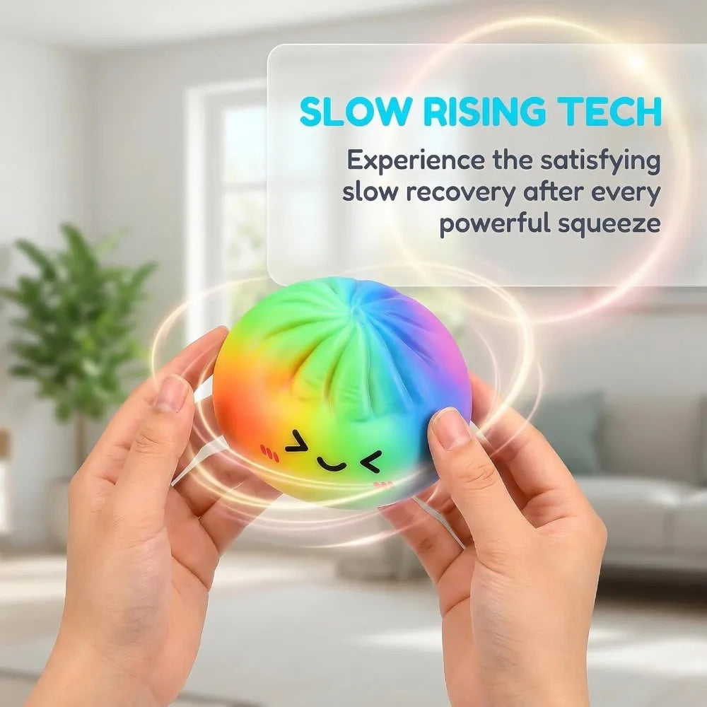 Hands squeeze a colorful rainbow dumpling squishy toy showing slow rising stress relief.
