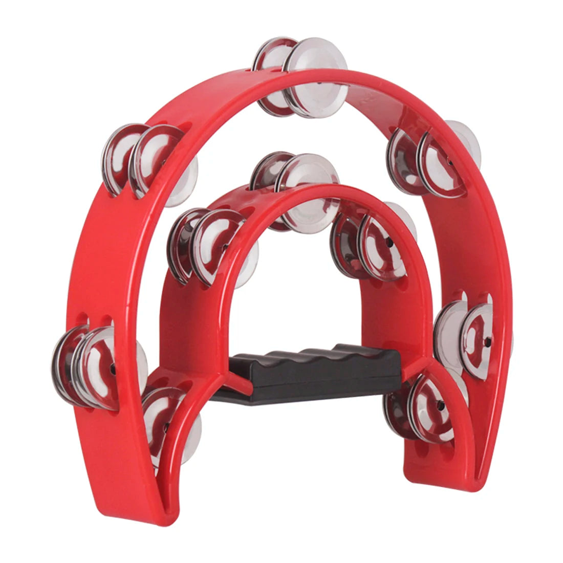 A red double-layer half moon tambourine with hand bells shown from the top view.