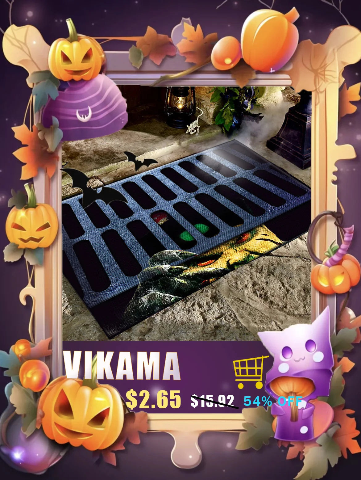 A decorative rug featuring a spider web and ghost design displayed in a frame surrounded by autumn leaves and pumpkins.