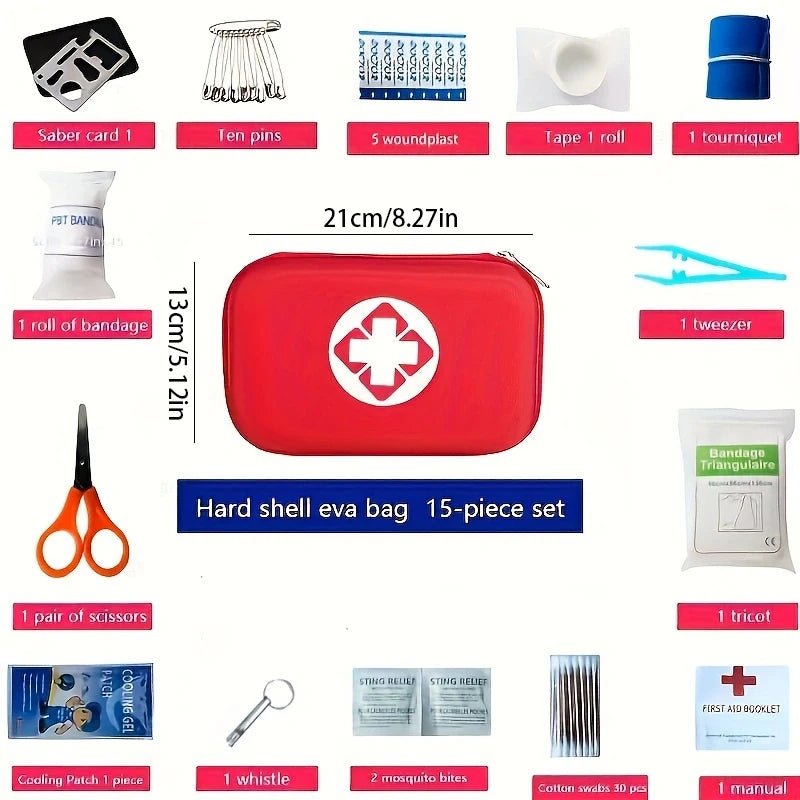 Portable first aid kit with a red hard shell eva bag containing various medical supplies and tools.