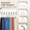 A set of separate clip hangers for a legging organizer, shown with various sizes and colors.