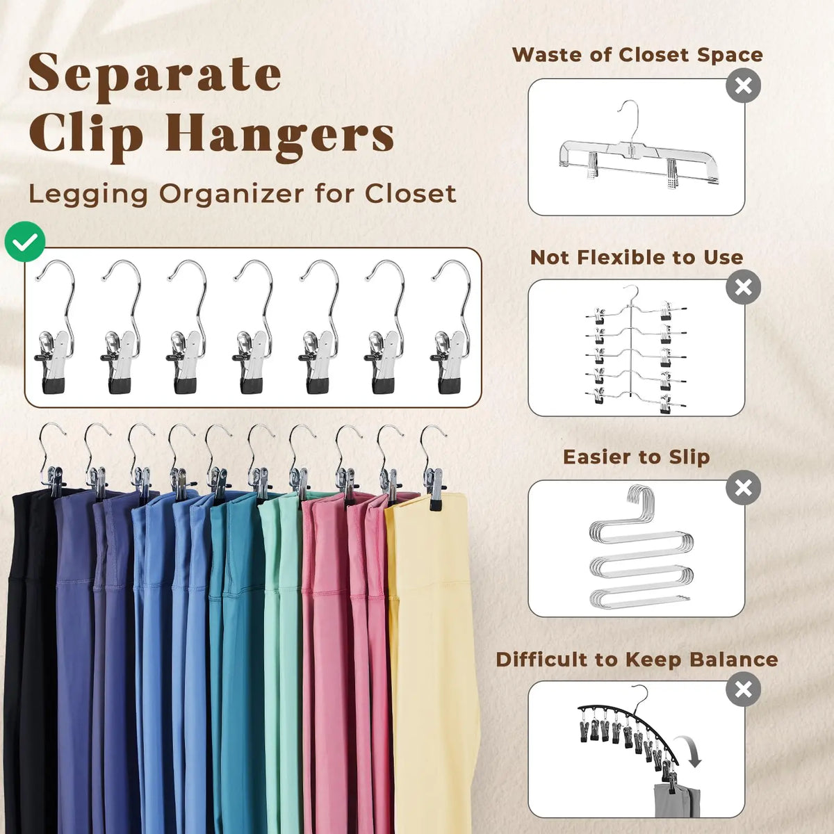 A set of separate clip hangers for a legging organizer, shown with various sizes and colors.