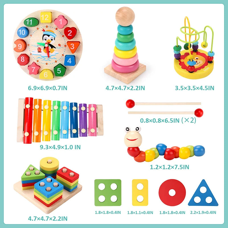 A set of wooden puzzles including a spinning disc, stacking rings, and geometric shapes for toddlers.