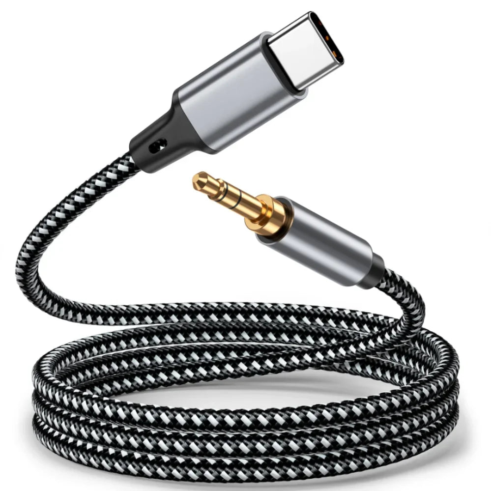 A black and white braided USB-C to 3.5mm audio adapter cable with a metallic connector.