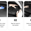 Three steps showing how to install a custom fit dash cover mat in a vehicle.