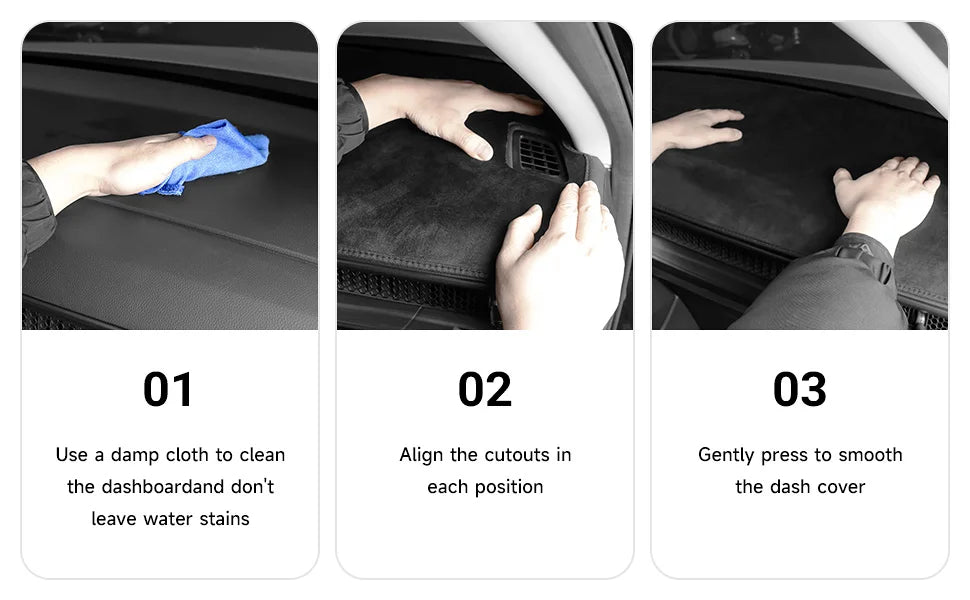 Three steps showing how to install a custom fit dash cover mat in a vehicle.