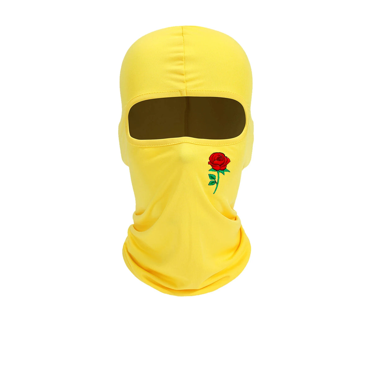 Yellow floral balaclava face mask with a brown eye opening