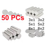 A collection of round silver neodymium disc magnets in various sizes and configurations for crafts and DIY projects.