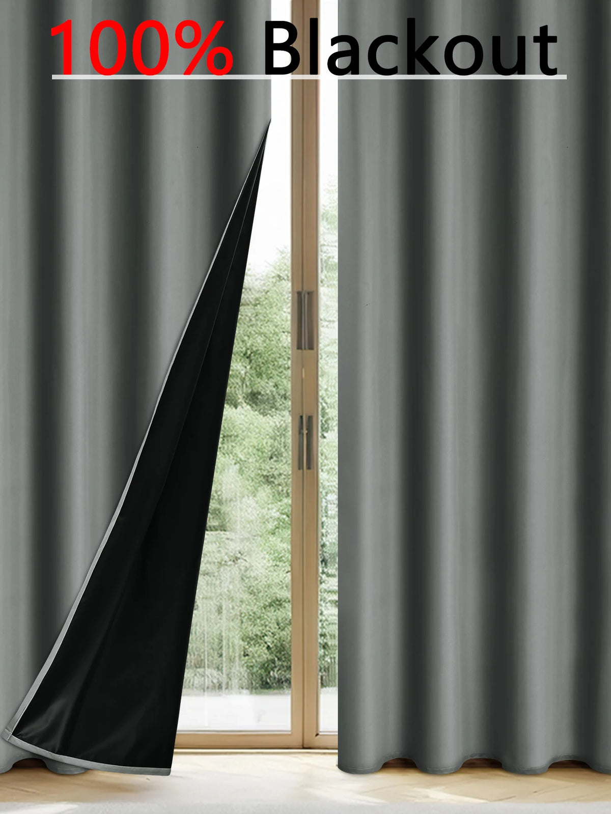A dark gray blackout curtain is shown pulled to the side next to a glass door.