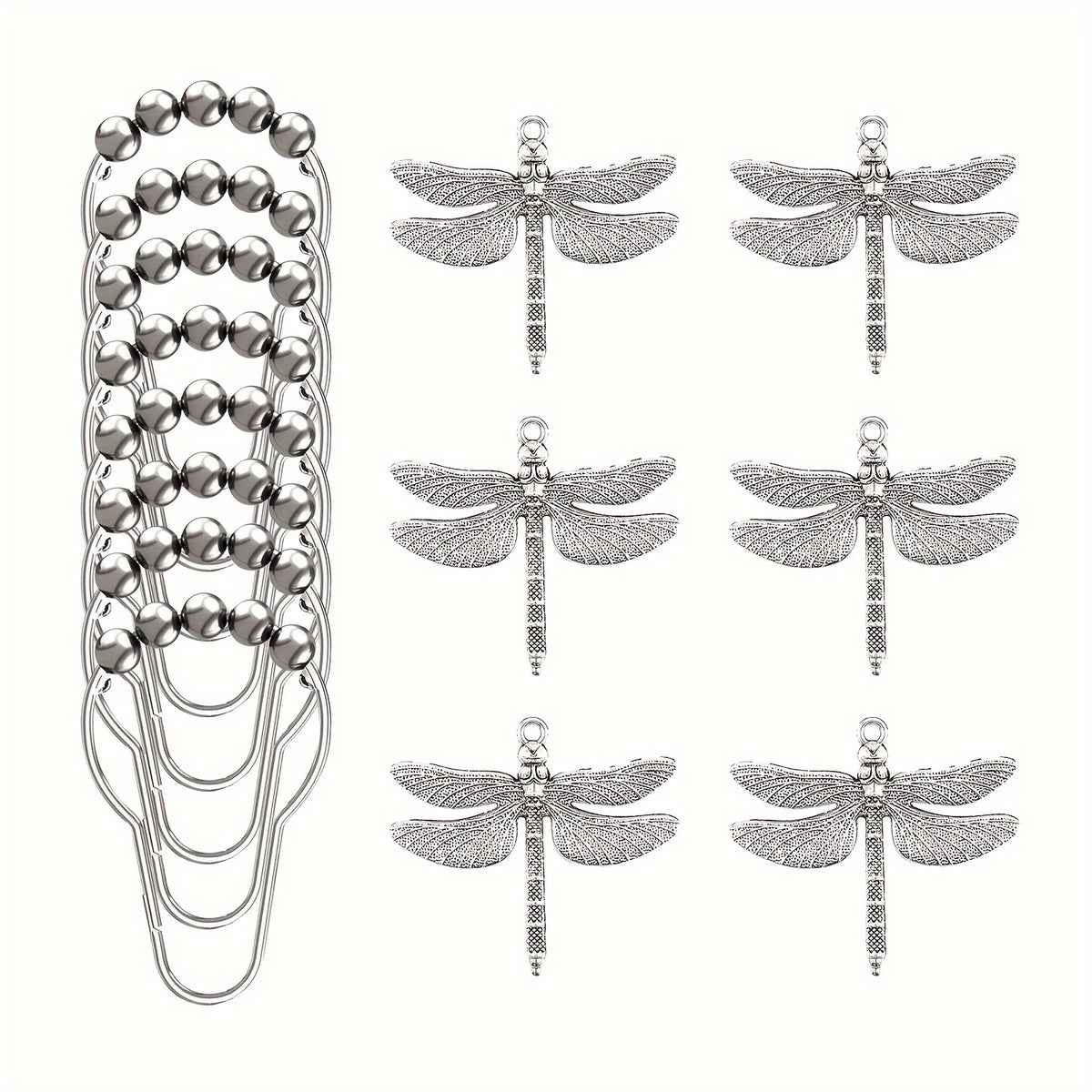 A set of twelve rust-proof metal dragonfly shower curtain hooks.
