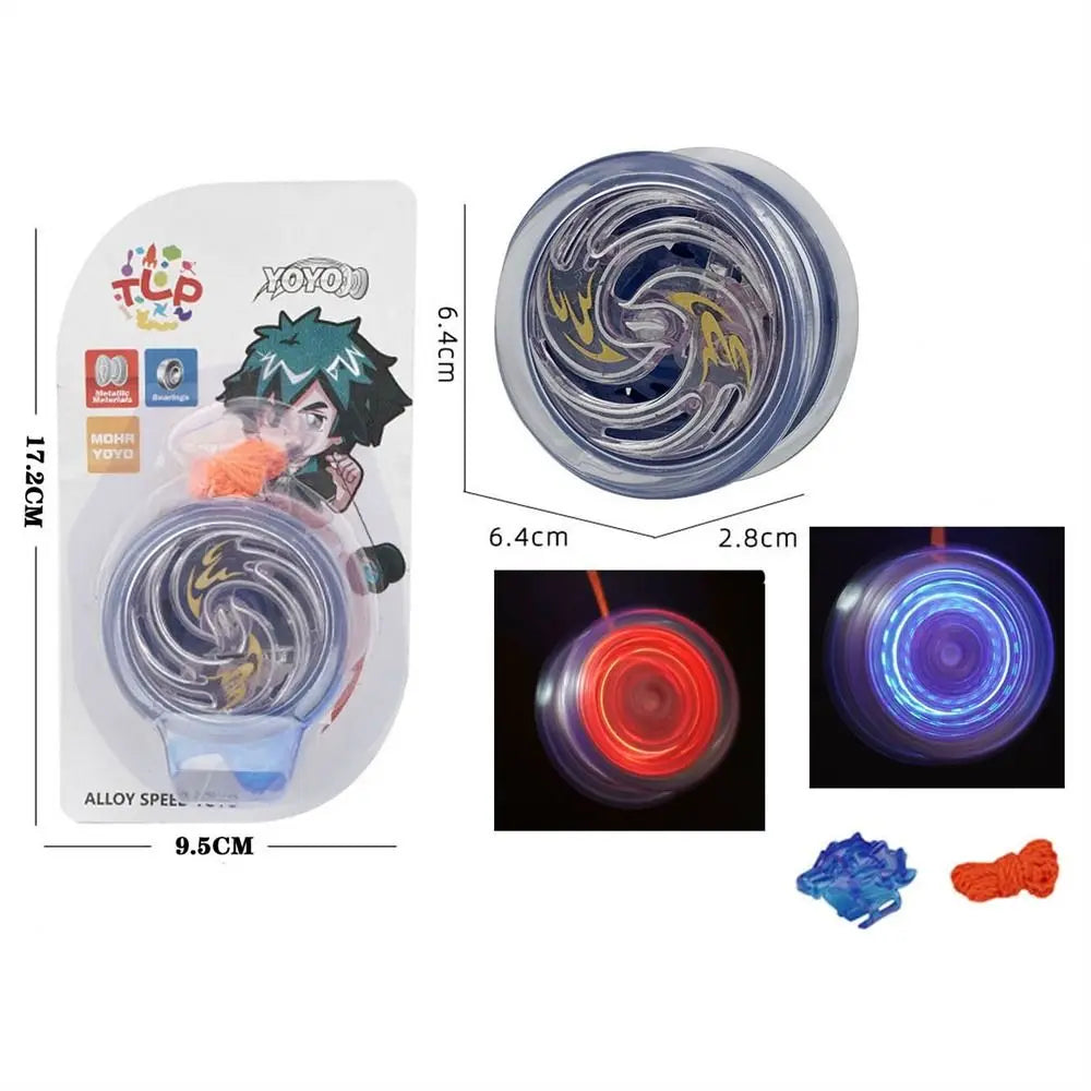 A professional aluminum yo-yo with LED lights shown in various sizes and close-ups.