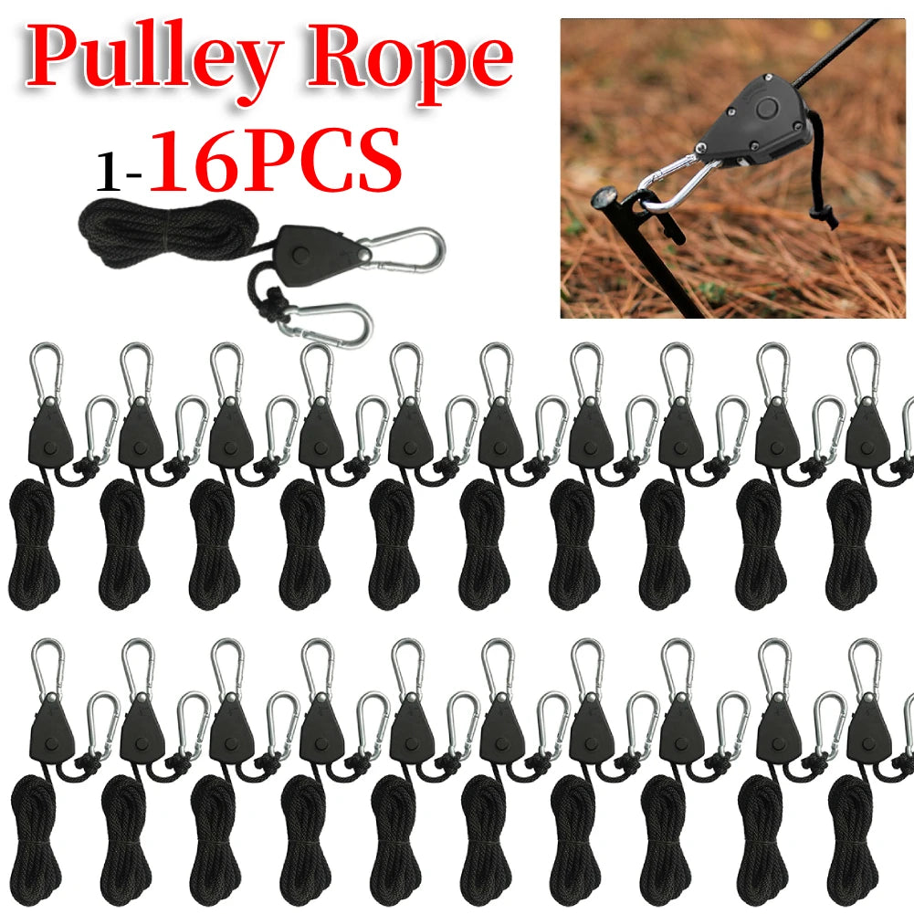 Set of 16 black pulley ropes and hooks for tent tensioners