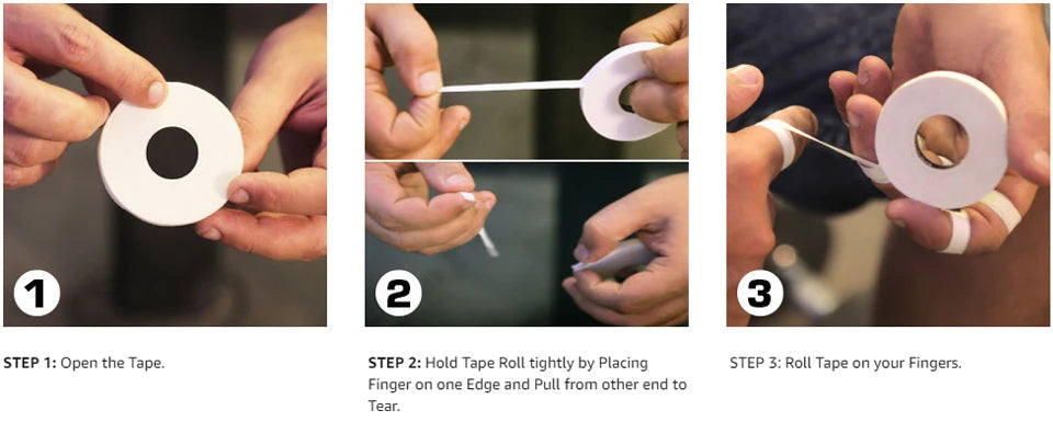 Three steps demonstrating how to roll cotton athletic finger tape on fingers for climbing and martial arts
