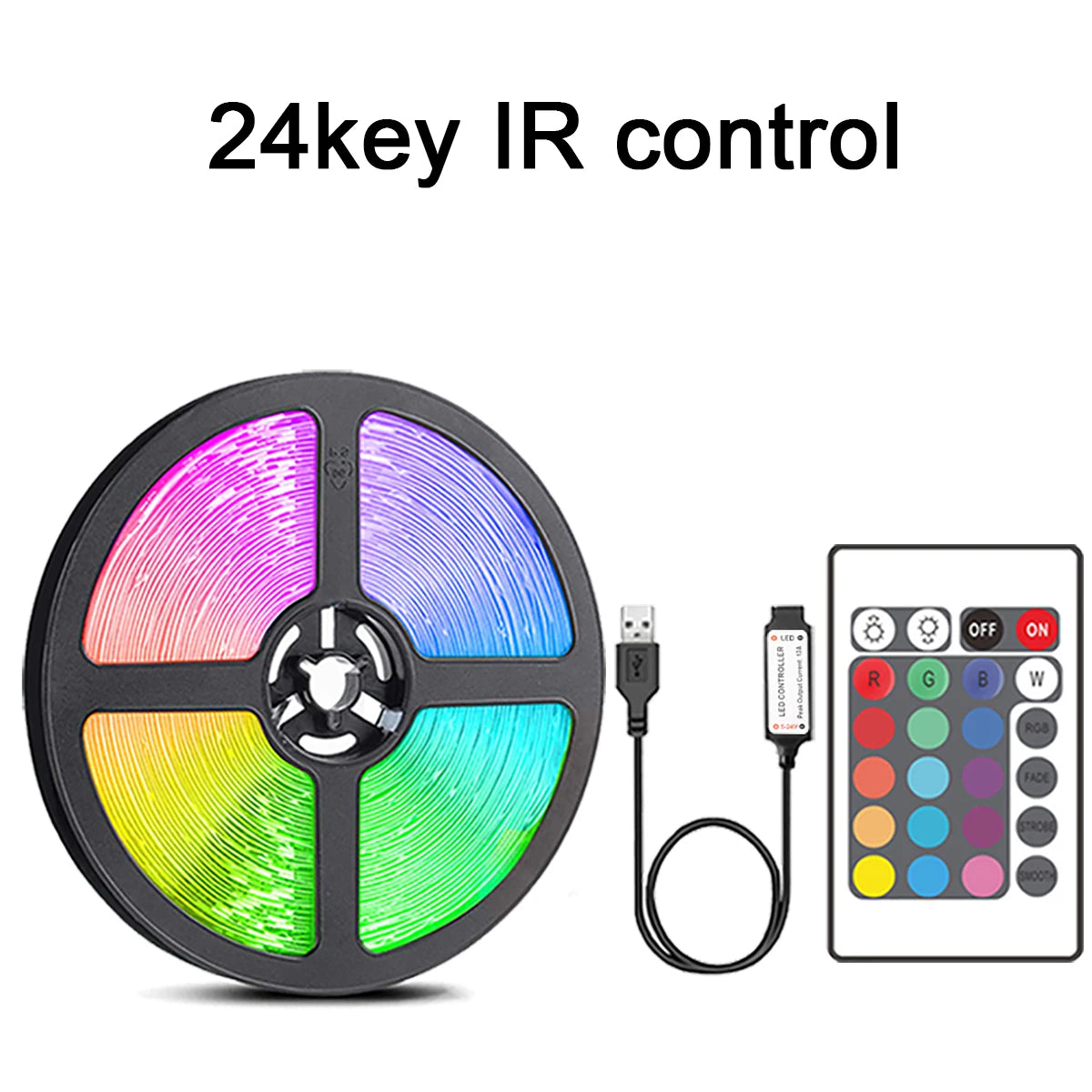 A circular RGB LED control panel with 24 keys and a remote control for lighting effects.