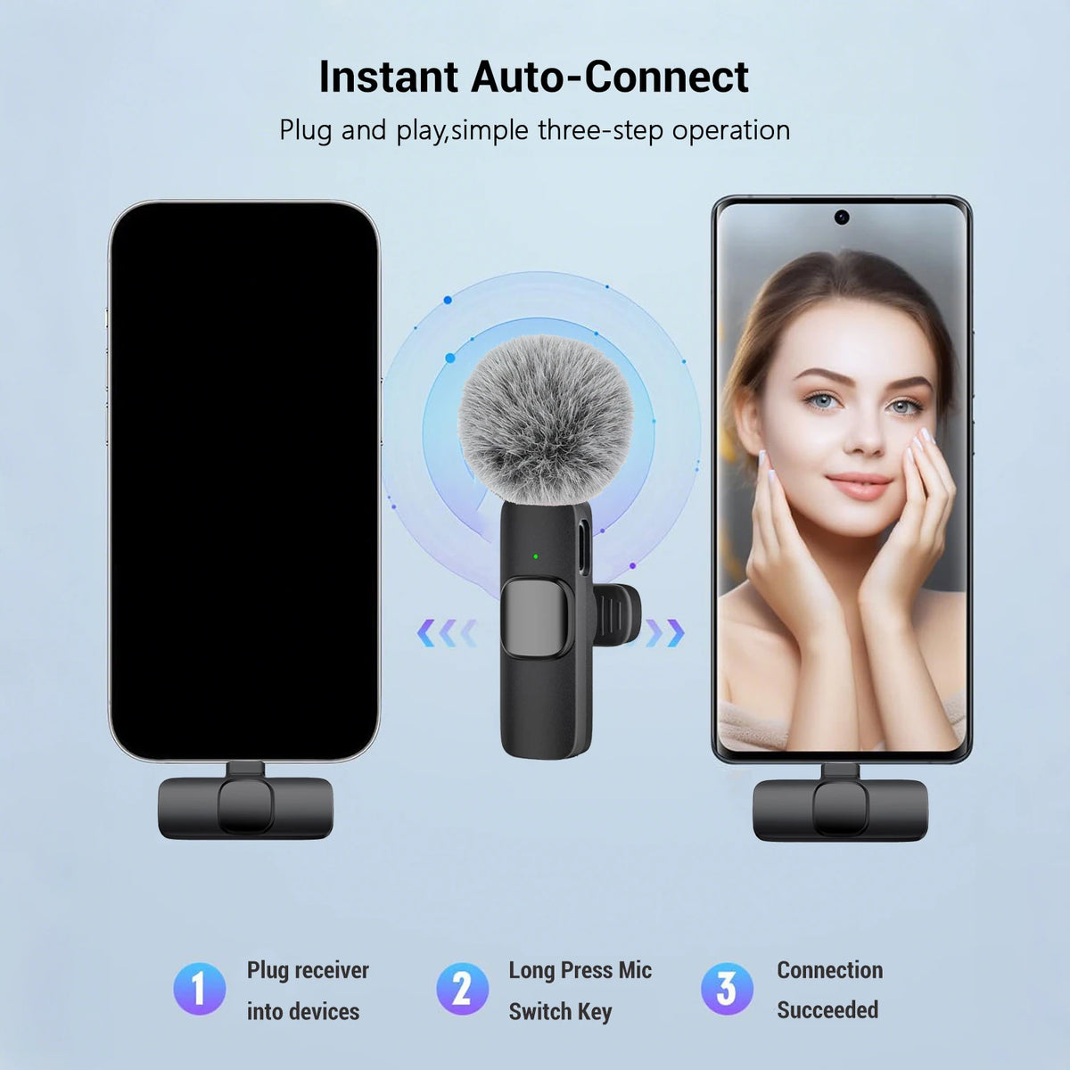Three-step operation guide showing a plug receiver, a long press mic switch key, and a connection success on a smartphone.