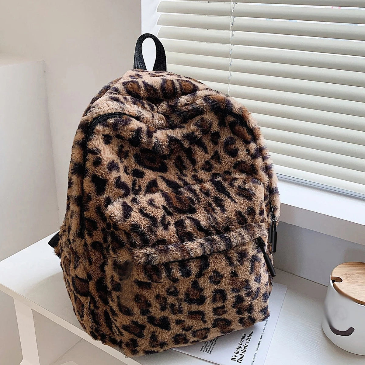 Faux Fur Leopard Print Backpack with Multiple Pockets