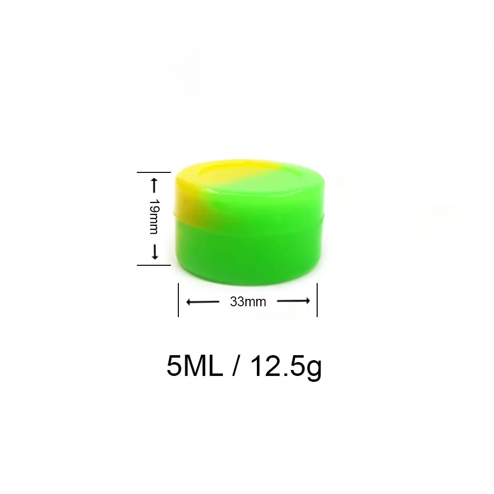 A green silicone travel jar with a yellow cap, measuring 5ML or 12.5g.