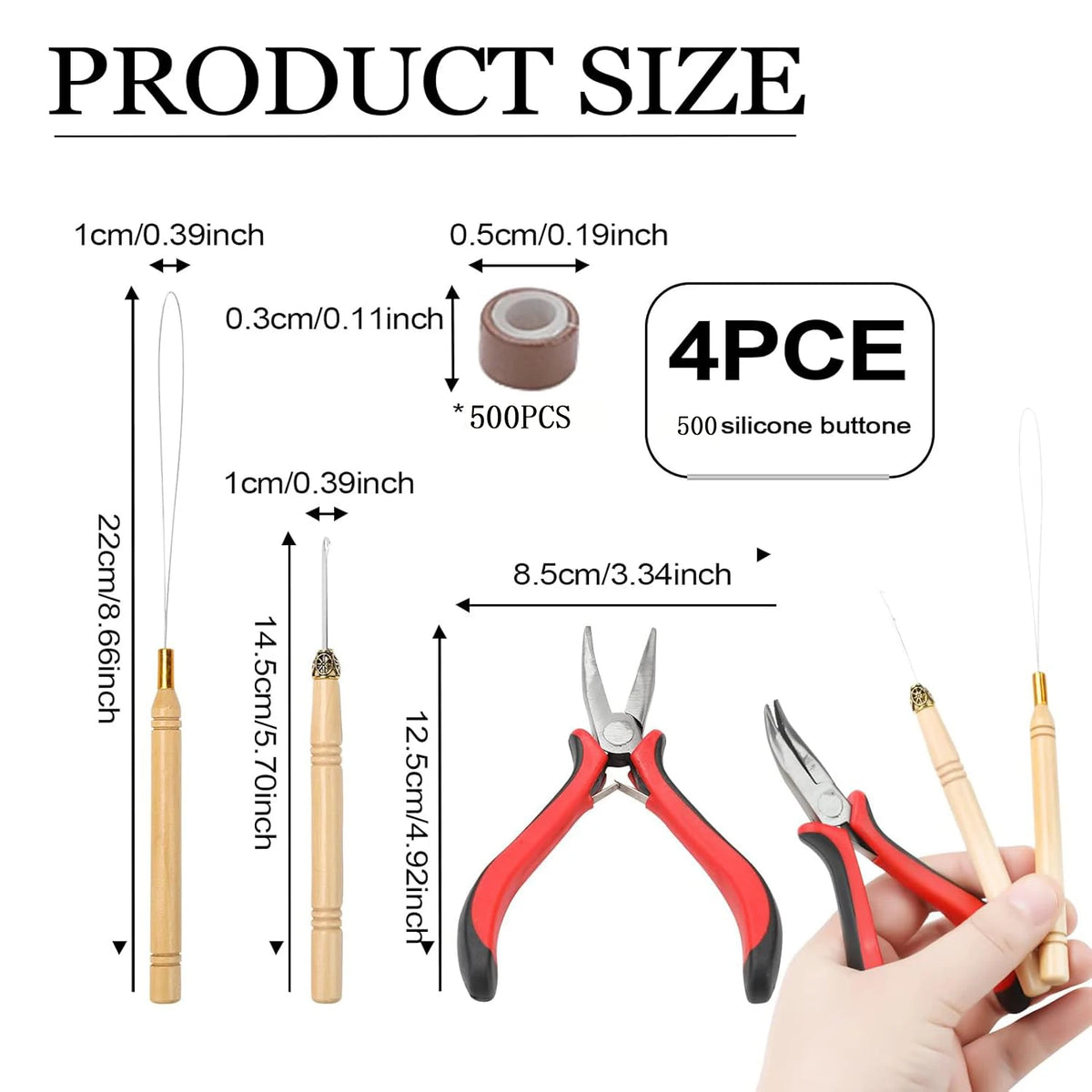A set of hair extension installation tools including tweezers and silicone buttons for micro rings.