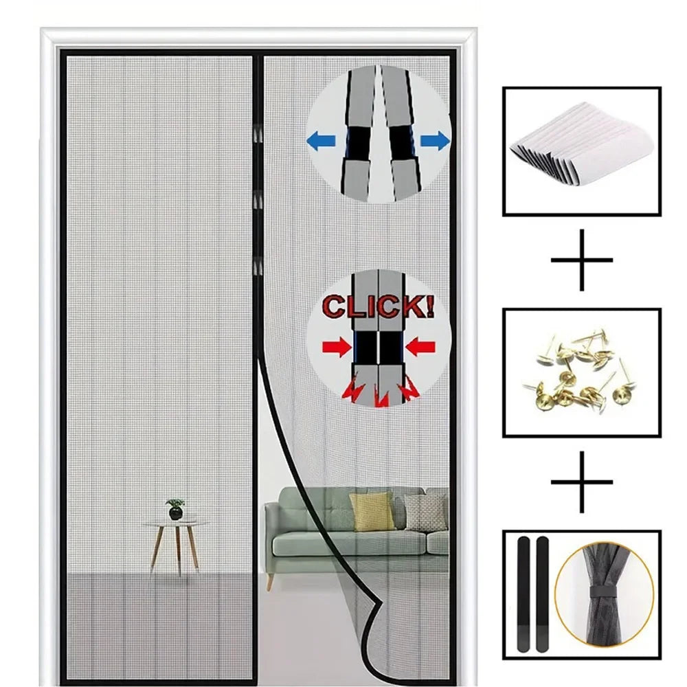 Magnetic screen door curtain with a sliding mechanism and a tie-back feature for pest protection