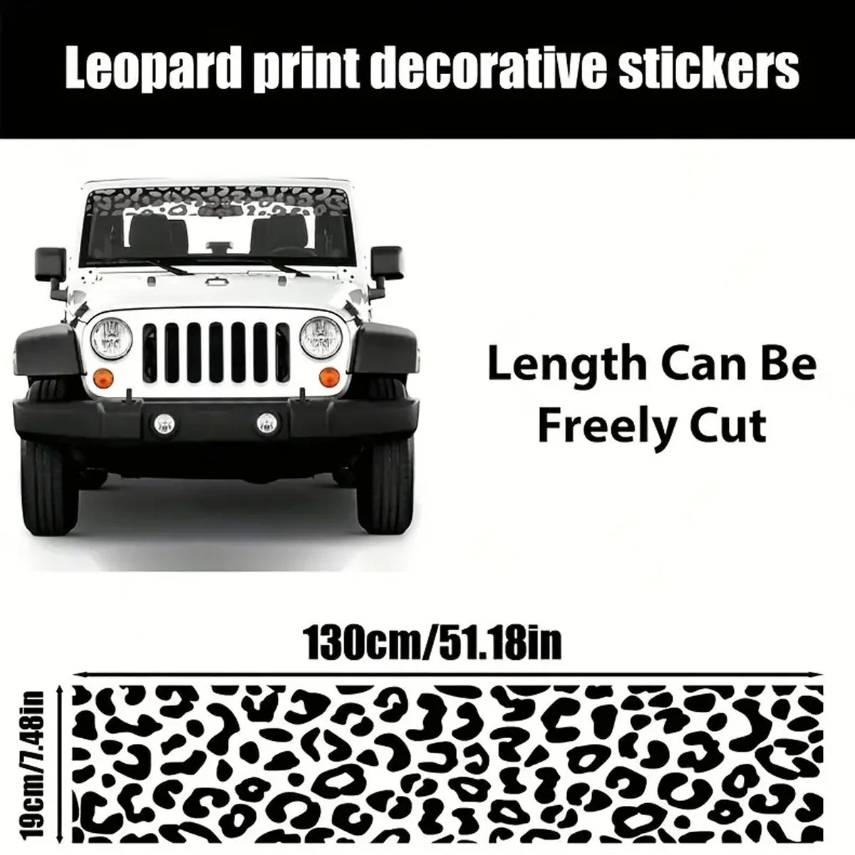 Leopard print decorative stickers shown on a white Jeep vehicle, with a strip measuring 130cm/51.18in.