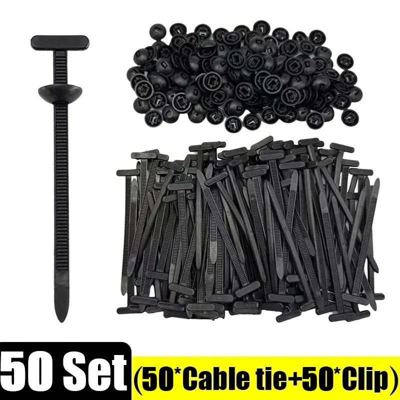 A set of 50 self-locking nylon cable tie buckles and clips for various repairs