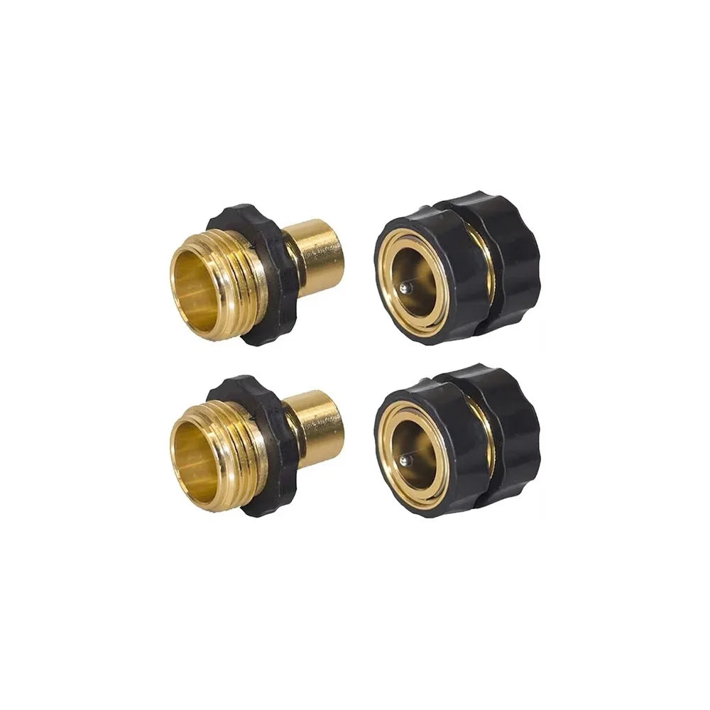 Set of two black and brass aluminum garden hose quick connectors for 3/4 inch connections