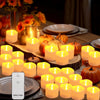A collection of glowing yellow LED tea light candles arranged on a wooden surface with pumpkins and leaves.