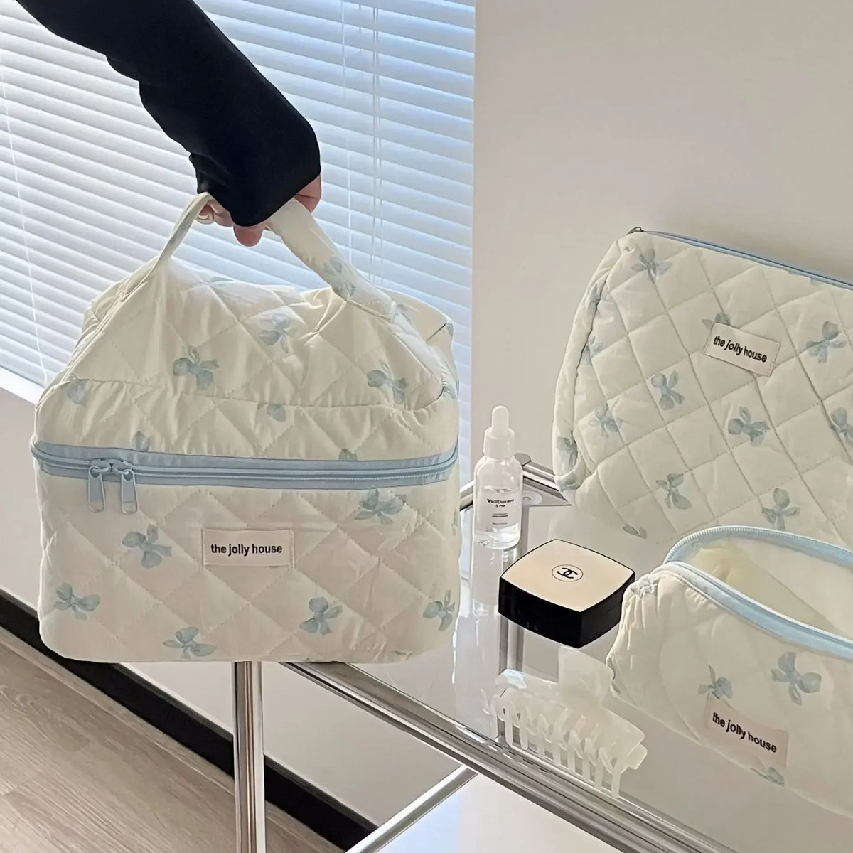 Bow Print Makeup Bag with Large Capacity