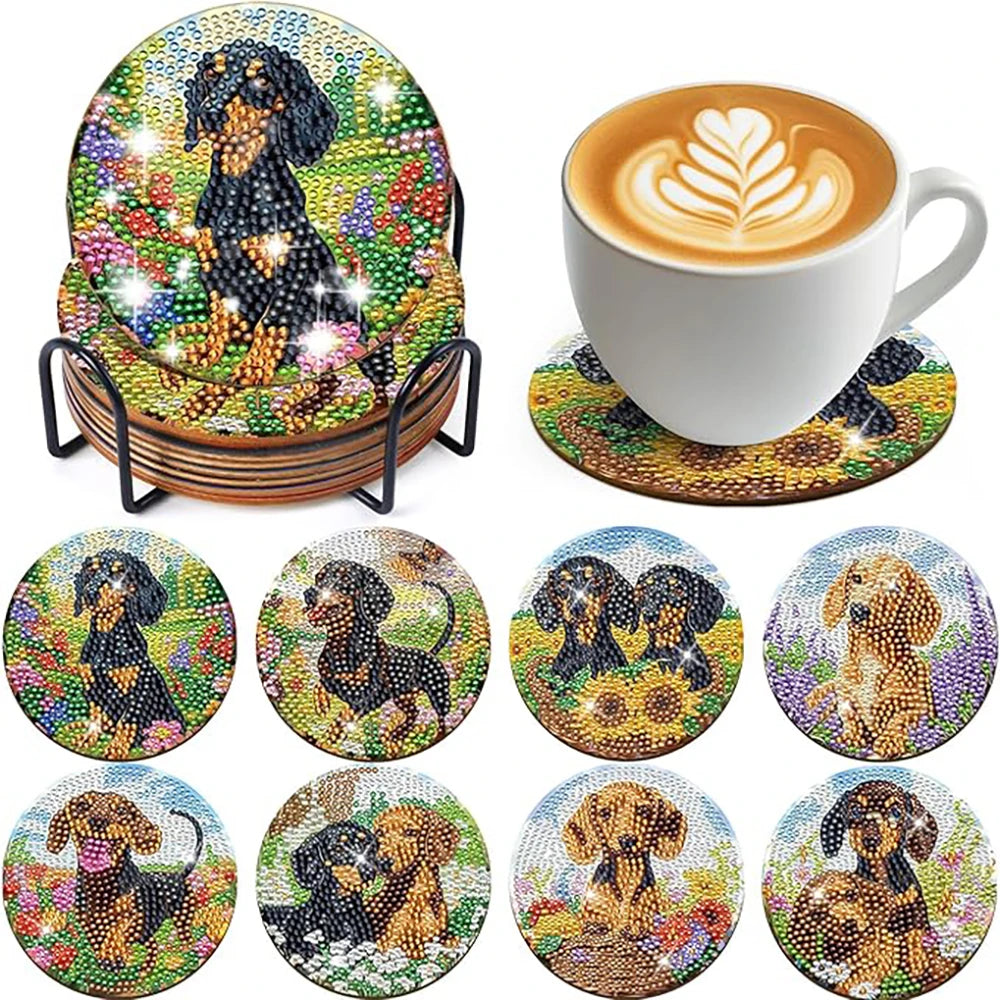 A set of DIY diamond art coasters featuring wildlife and nature scenes on metal stands.