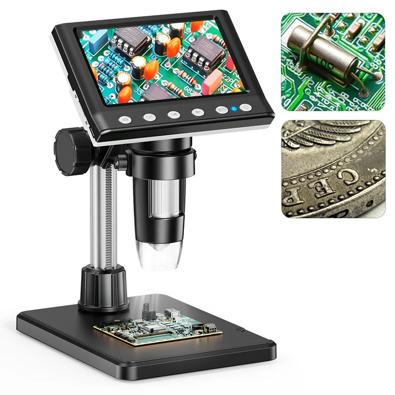 A digital microscope setup showing a camera lens and a display with magnified views of electronic components and currency.