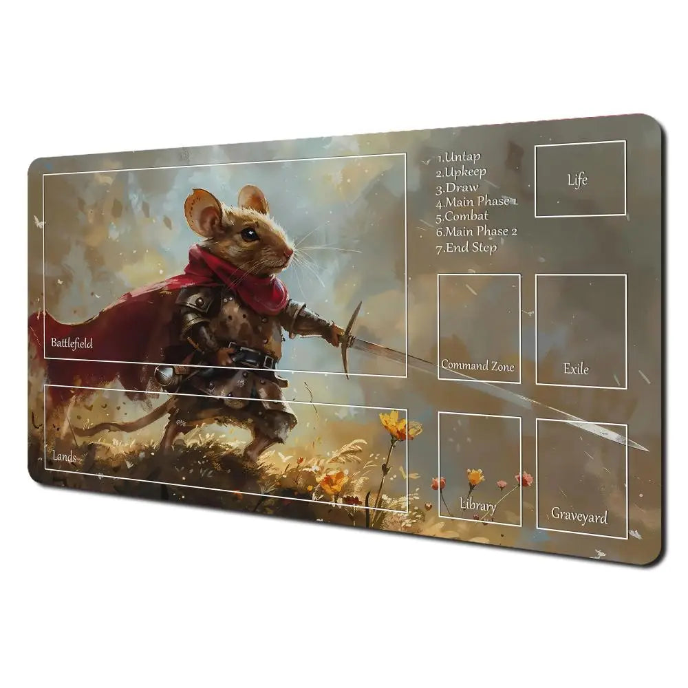 Fantasy card playmat featuring an illustration of a rabbit archer and raccoon design with various labeled zones.
