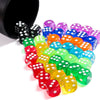 A bulk pack of 100 multicolor acrylic D6 dice in various colors and shapes scattered on a white surface.