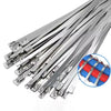 A bundle of reusable self-locking stainless steel cable ties with various lengths and sizes.