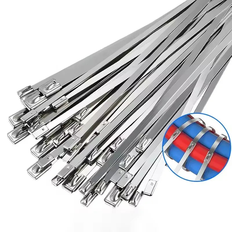 A bundle of reusable self-locking stainless steel cable ties with various lengths and sizes.