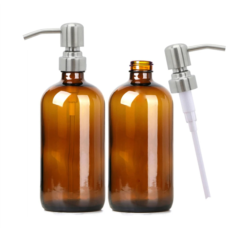 Amber glass soap dispenser set with black stainless steel pump bottles