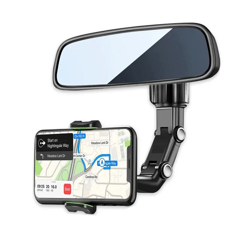 A black phone holder with a large, curved mirror is shown, designed to be mounted for a car's rearview mirror.