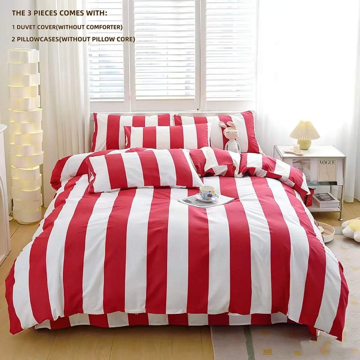 Red Striped Duvet Cover Set with Two Pillowcases