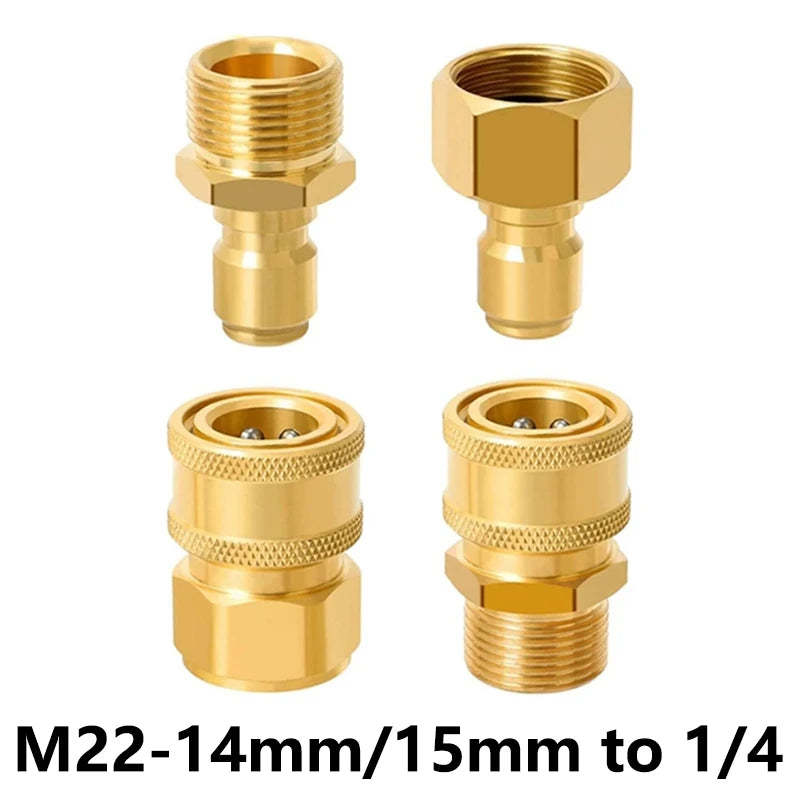 Brass pressure washer adapter kit with M22-14mm/15mm to 1/4 thread connectors