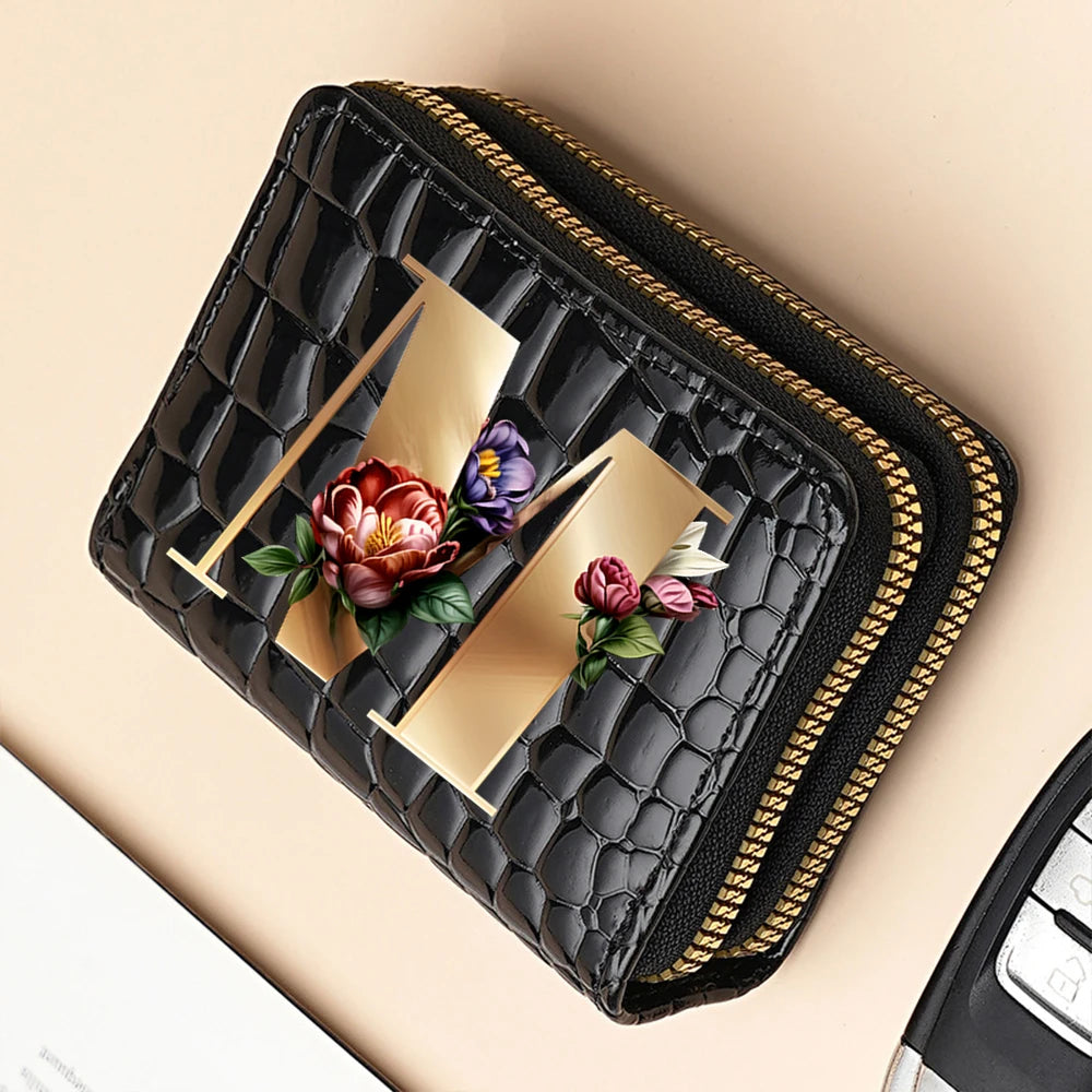 Alphabet Flower Double-Zip Card Wallet with Secure Clasp