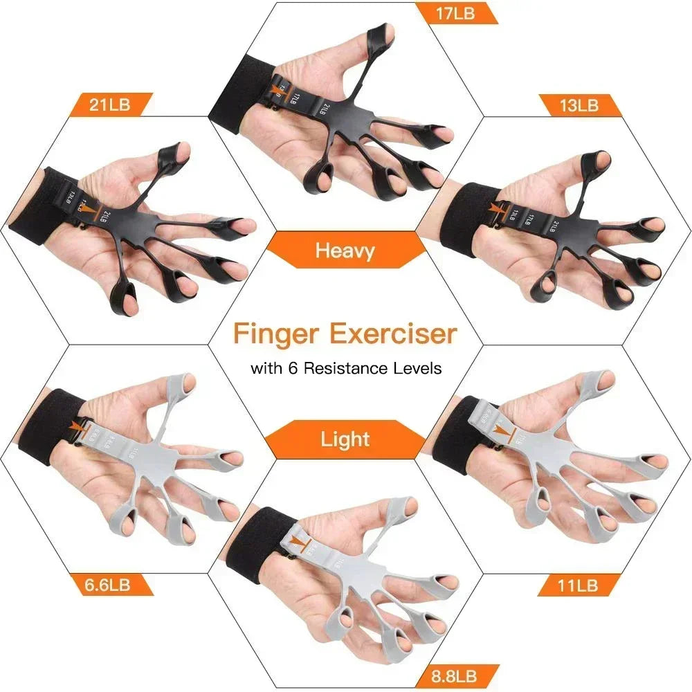 Adjustable finger exerciser with a wrist strap showing various resistance levels from 8.8LB to 21LB.