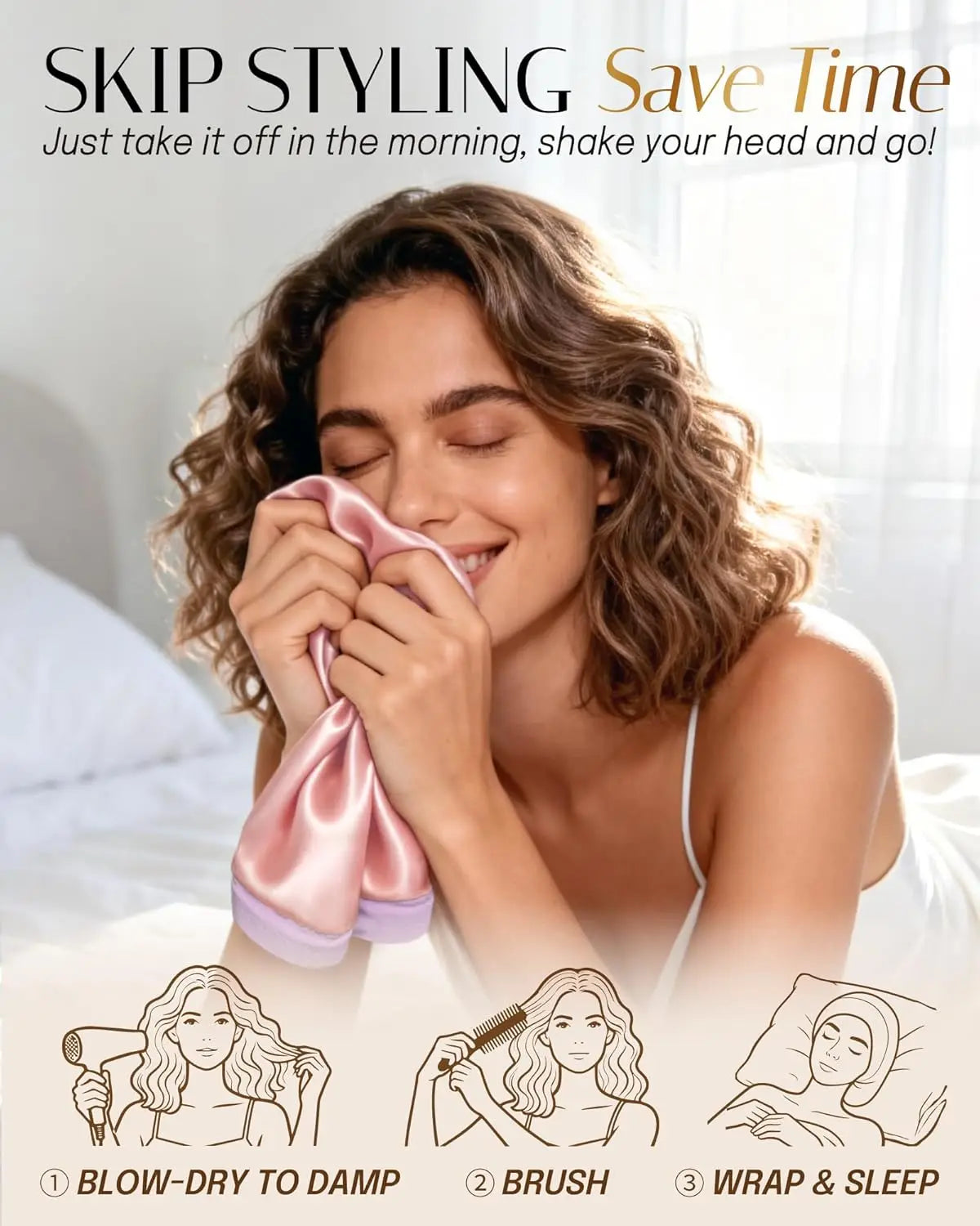 A woman is using a silk satin sleep bonnet for hair protection, demonstrating the skip styling method.