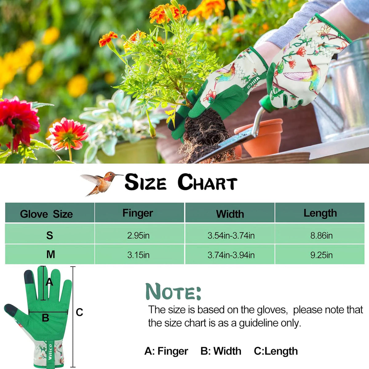 A hand wearing green and floral gardening gloves is shown holding a small trowel in an outdoor garden setting.
