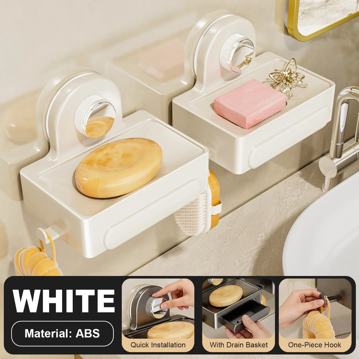 White ABS wall-mounted soap dish featuring a quick installation and one-piece hook design.