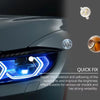 A close-up of a car headlight with an LED restoration kit being applied to repair oxidation and improve brightness.